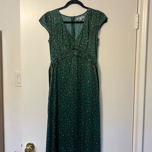 reformation dark green floral silky midi dress